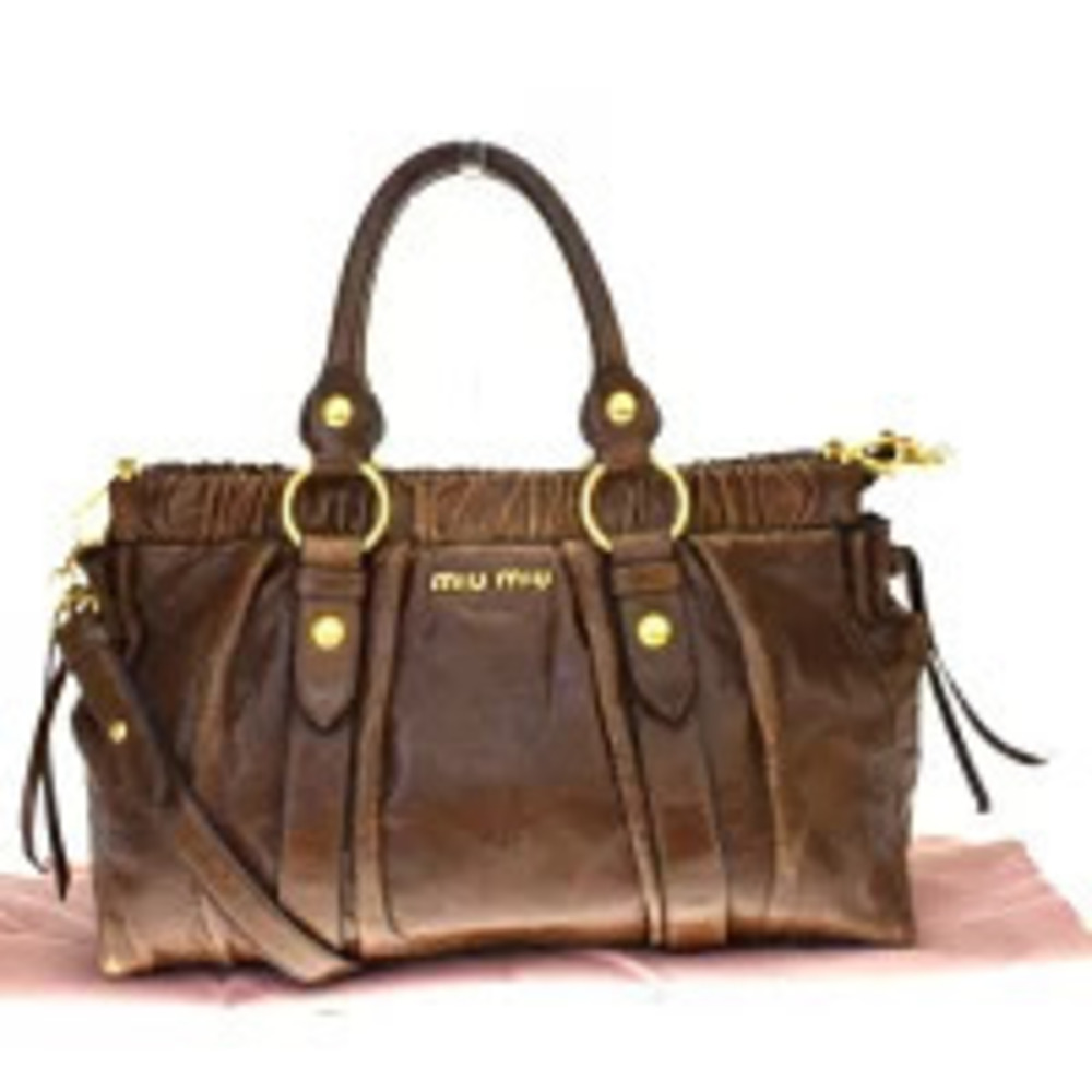 Miu Miu Vitello Lux Gathered Satchel Bag ruched gathered leather Brown